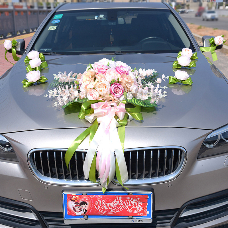 生日禮物韓式森系主婚車裝飾車頭花套裝仿真玫瑰結婚婚車香檳色結婚