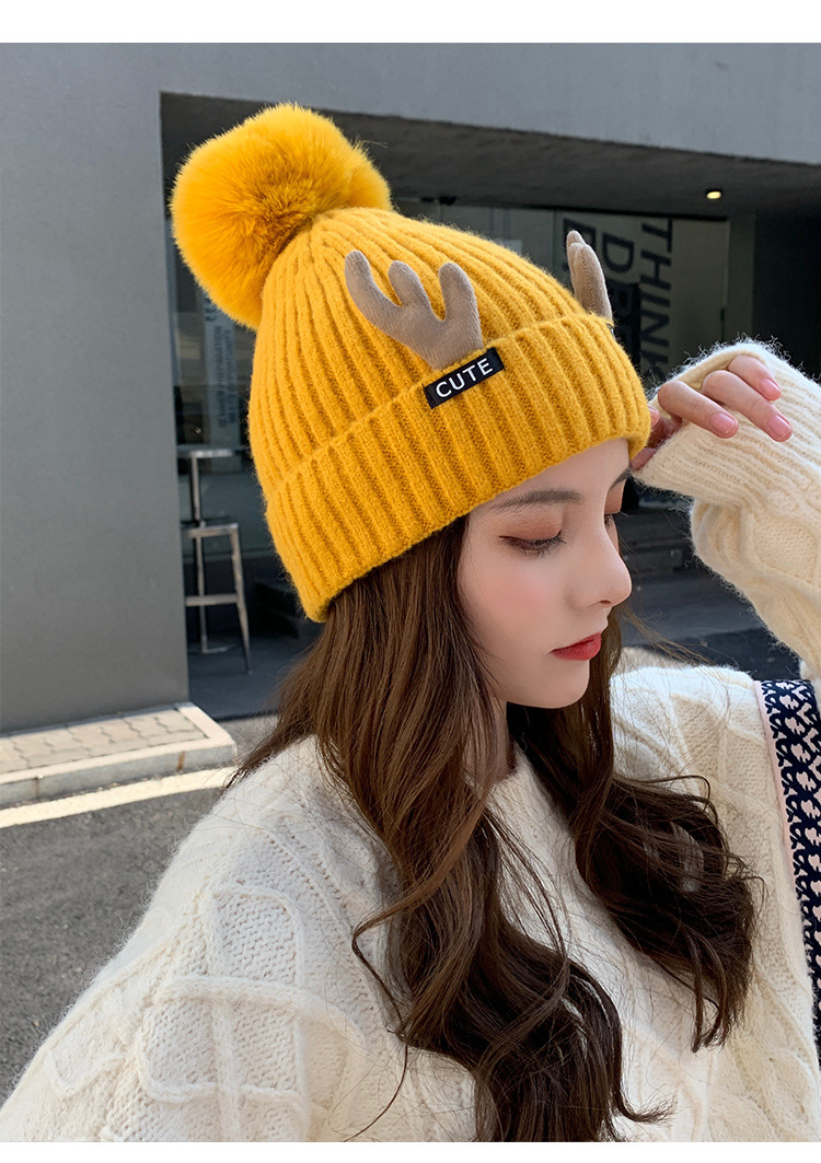 鲜卡2021新款帽子女冬季保暖加厚护耳可爱鹿角帽韩版百搭针织毛线帽