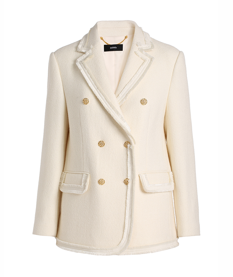 黑标系列欧时力新款冬装流苏边小香风排扣西装外套女黑色090m