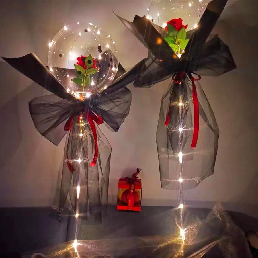 网红波波球发光透明带灯玫瑰花气球花束情人节礼物地推摆地摊批发二十