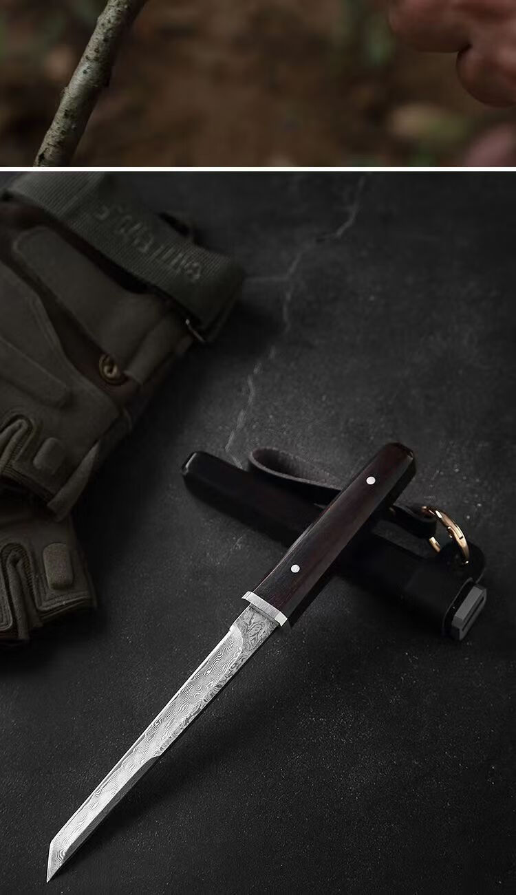 菊田水果刀户外刀具家用削皮直肋差锋利大马士革vg10夹钢防身 直肋差