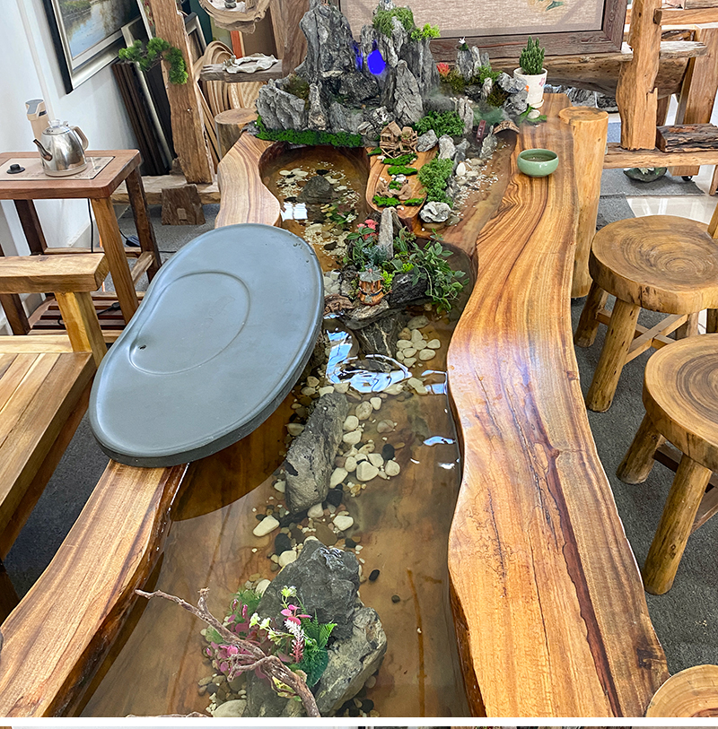 万蔻轻奢品牌香樟木循环流水茶台新中式禅意景观一体茶桌异形根雕曲水