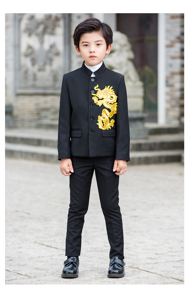 儿童民国中山装刺绣男童五四青年装学生装大合唱朗诵演出服装 黑色秀