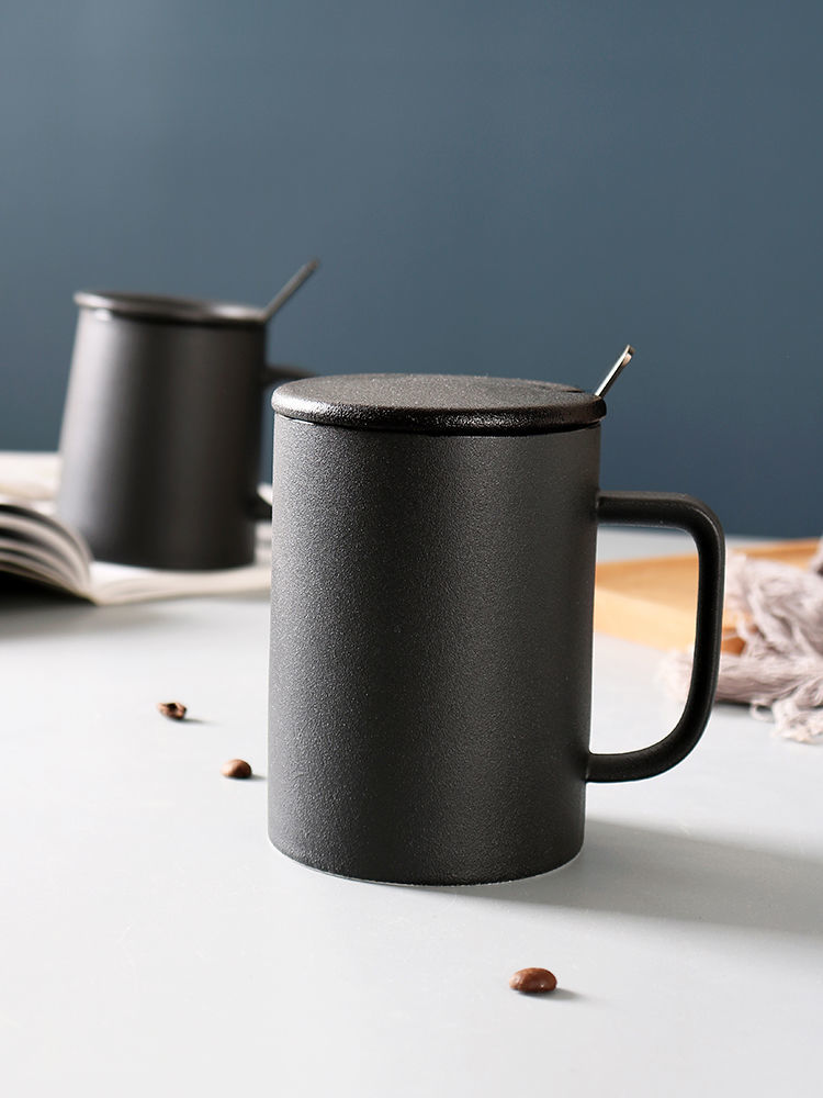 陶瓷磨砂马克杯男生女生夏季简约情侣杯子带盖勺咖啡杯高颜值静雅黑