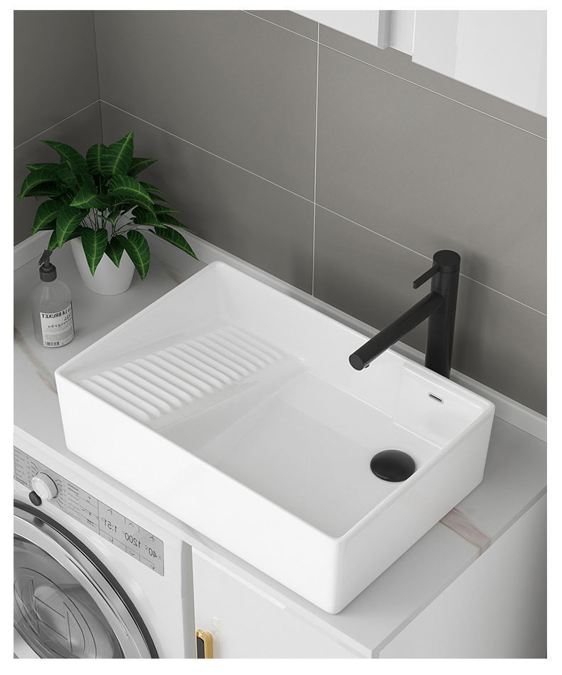 陶瓷台上盆洗衣机洗手盆一体带搓衣板阳台洗手盆侧下水洗手台脸盆