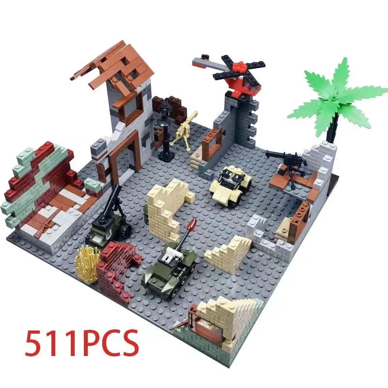 兼容二战军事仓库装备包积木城墙废墟阵地战争场景大炮玩具 蓝色 废墟