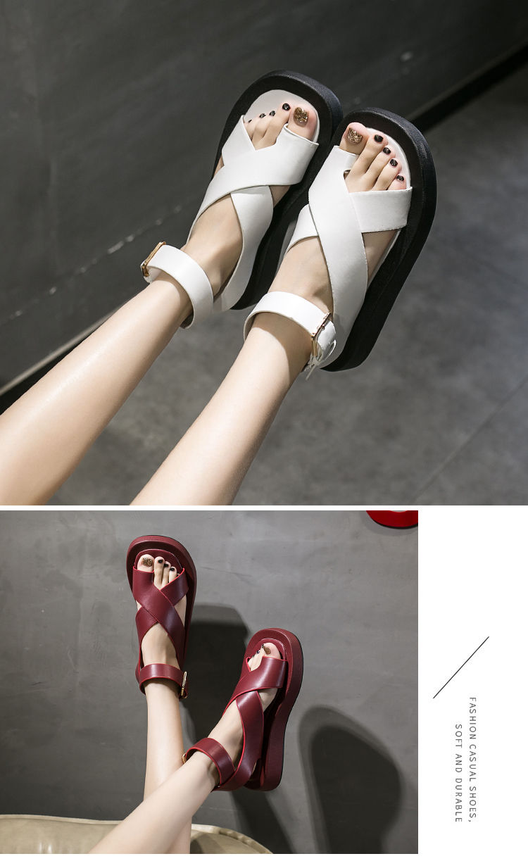 mona张绮贤同款一字扣带凉鞋女夏季新款厚底夹趾罗马平底单鞋绿色35