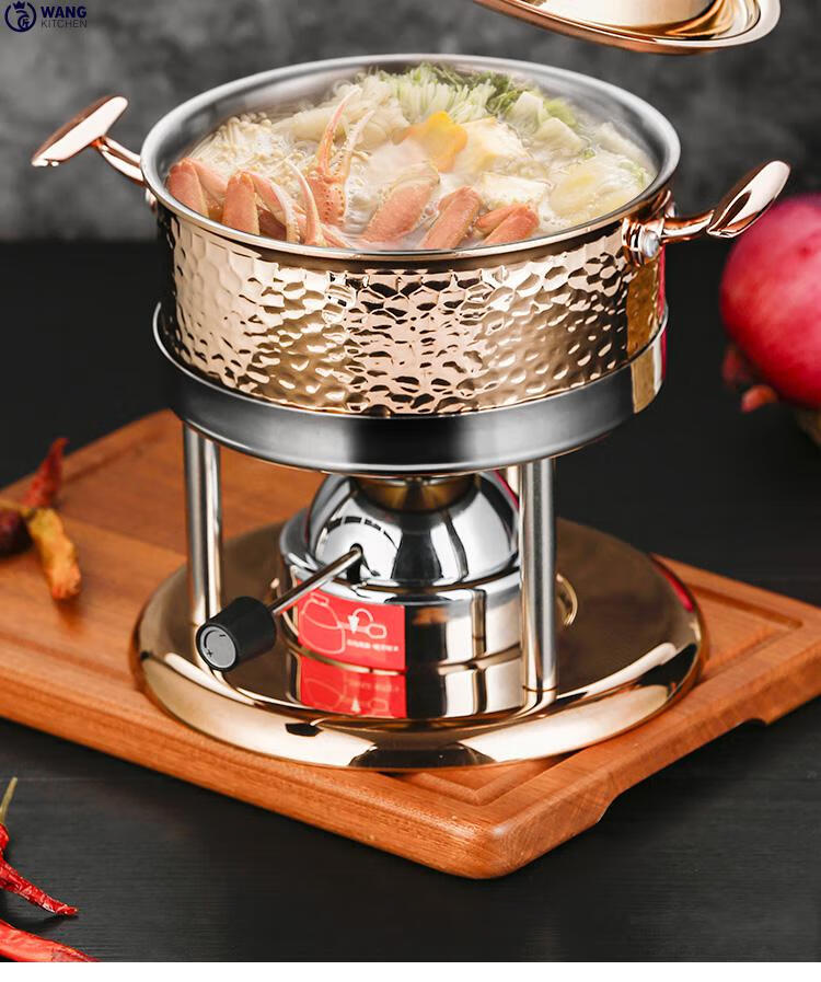 王家匠加厚三层钢单人小火锅商用不锈钢充气小火锅锤纹一人一锅火锅炉