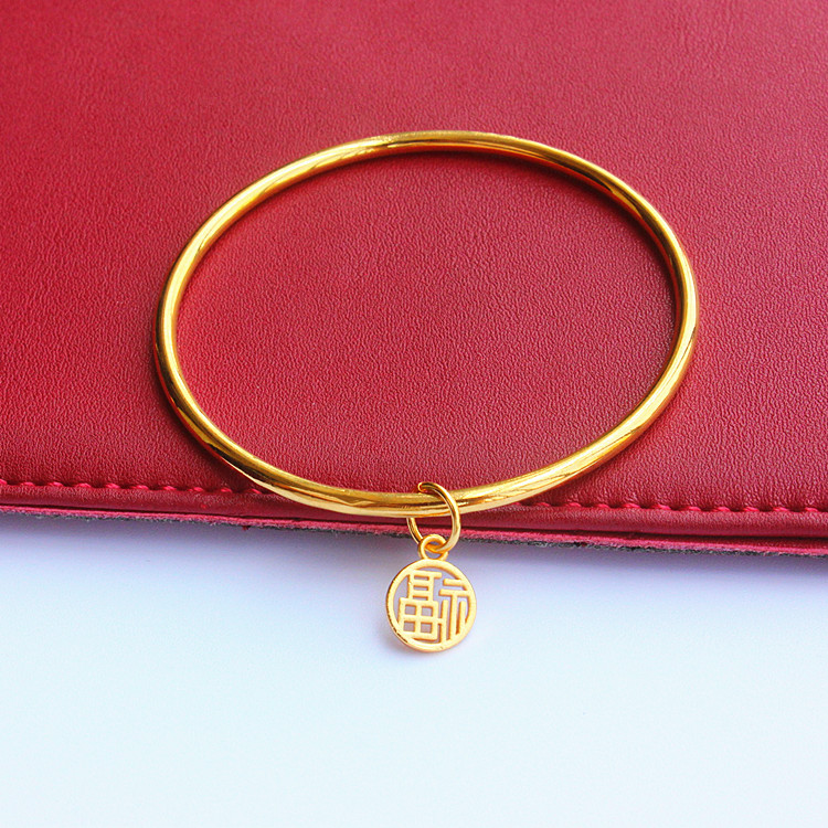 千福年手镯小红书抖音同款沙金吊福字传承镀光面手环实时尚个性铃铛款