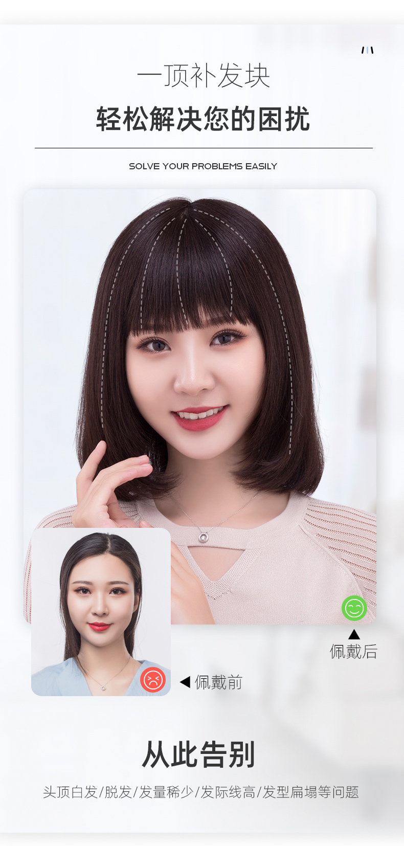 假发刘海女自然前额圆脸假发片女真发头顶补发片女中老年中长遮白发