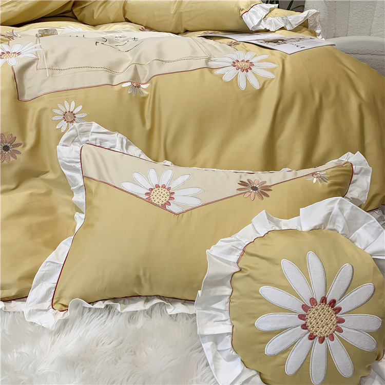 棉四件套刺绣花全棉公主风床上用品 玛格丽特柠檬黄四件套手提袋 1