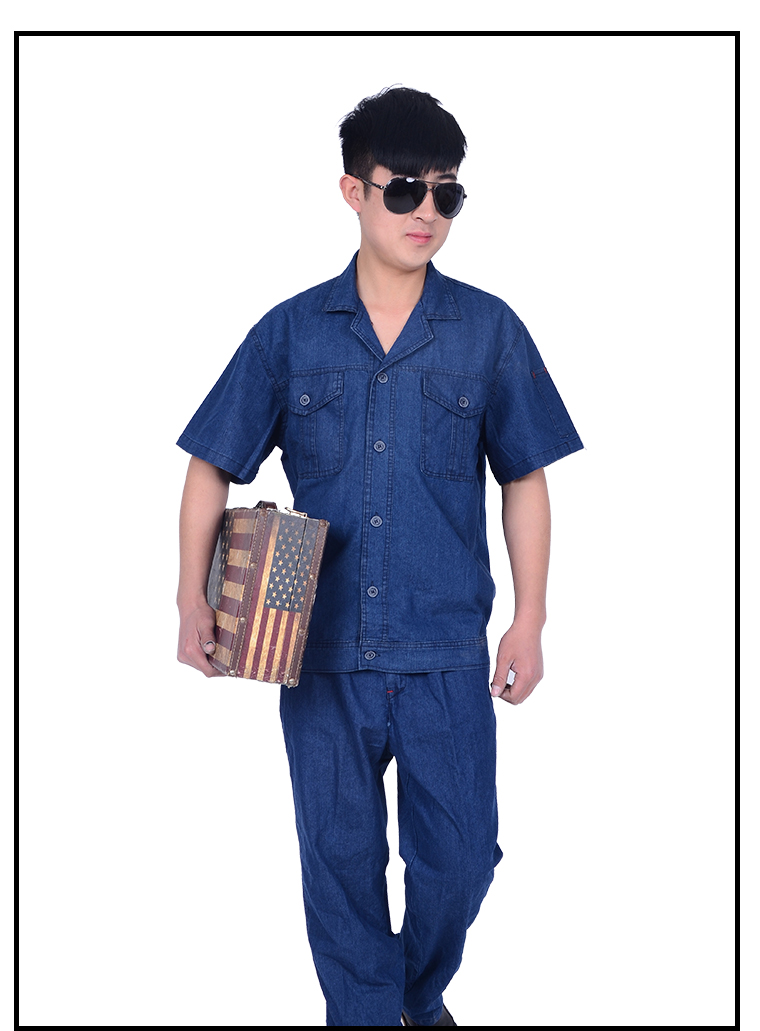 夏季牛仔工作服套装男 薄款电焊劳保服 焊工工地干活穿的衣服yt 蓝色