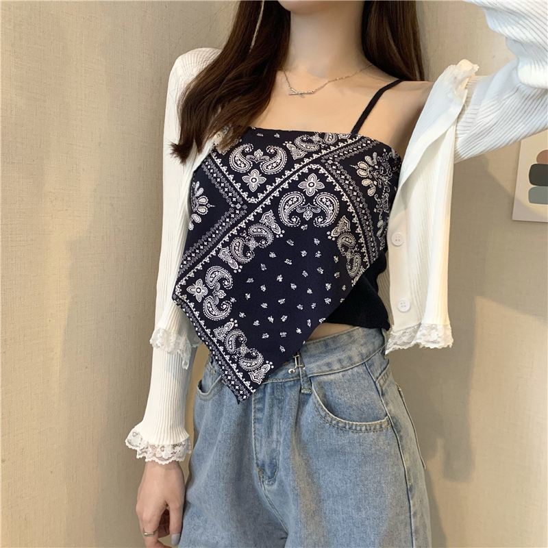 女装复古百搭三角吊带背心度假风腰果印花短款上衣黑色l115135斤