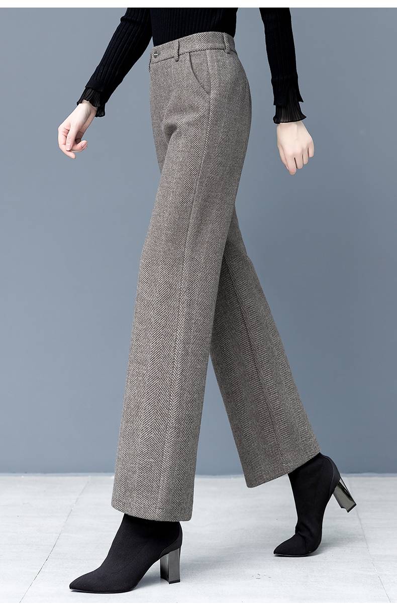 乐卉工厂毛呢阔腿裤女秋2021新款宽松直筒裤加绒加厚呢子裤子女士式