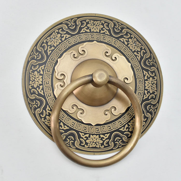 铜大门拉手中式古建门把手老式仿古圆拉环复古如意带花铜门环 11cm