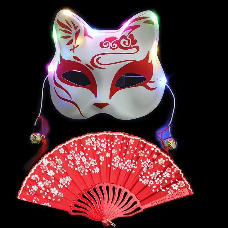 发光古风狐狸面具配折扇公主面具半遮面假面舞会万圣节装扮道具批
