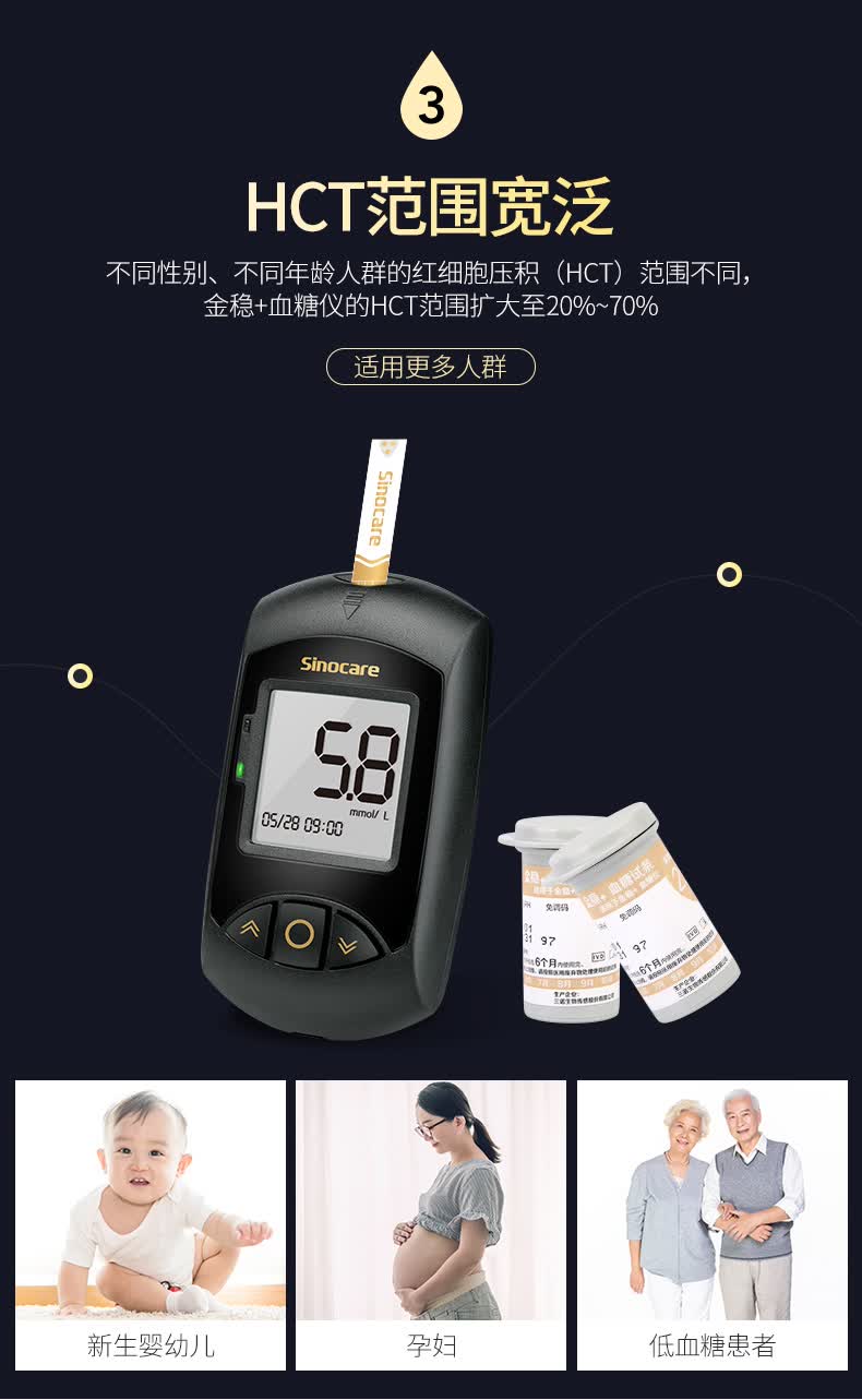 三诺血糖仪家用级免调码高准确低痛感脱氢酶安稳金稳血糖试纸准确升级