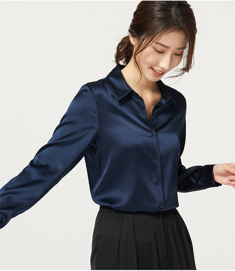 顺越93真丝衬衫女新款夏季长袖纯色上衣方领通勤桑蚕丝衬衣修身杭州