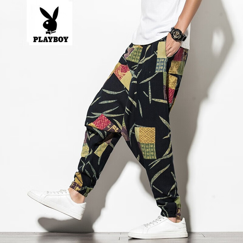 花花公子playboy2021夏季中国风印花束脚男士薄款九分裤棉麻休闲嘻哈