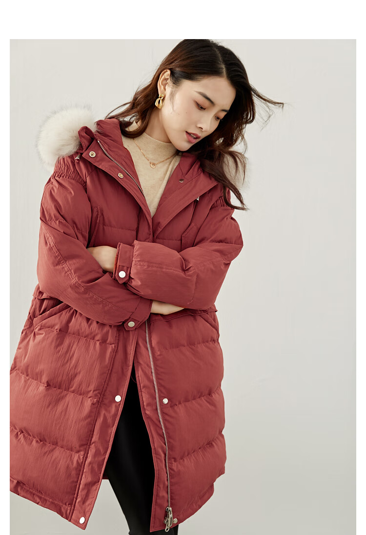 紫淑大毛领羽绒服女中长款过膝2021冬新款工装时尚韩版白鸭绒外套米杏