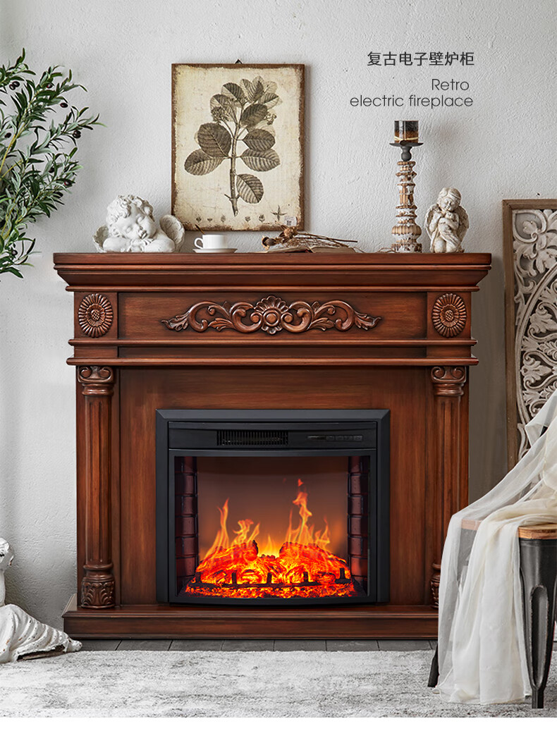 芯美式轻奢实木壁炉架复古壁炉装饰柜仿真火焰取暖器家用15米板栗色