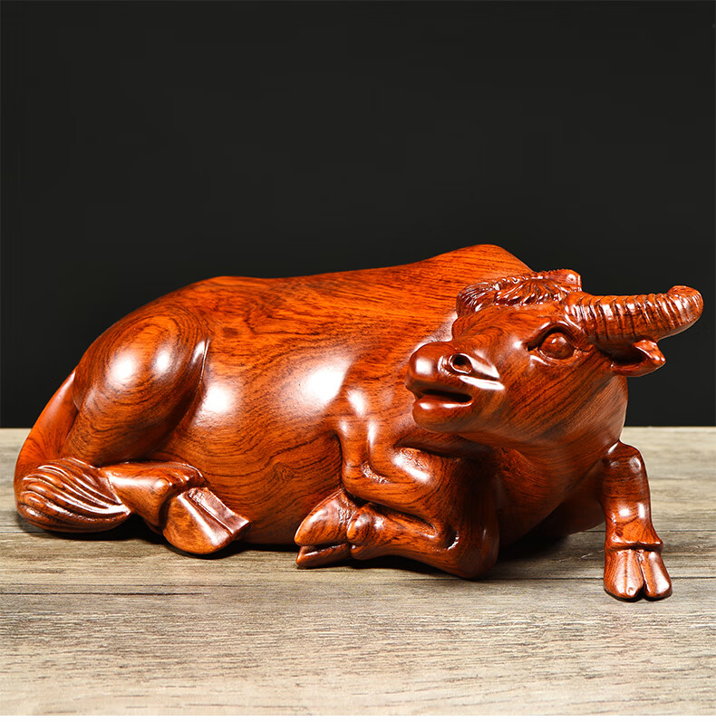 福渊阁花梨木雕水牛摆件木制十二生肖卧牛家居电视柜装饰红木工艺品