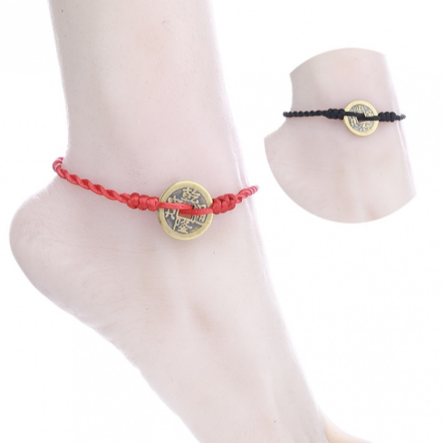 本命年手工编织幸运红绳脚绳铜钱脚链学生男女情侣 铜钱脚链红色【两