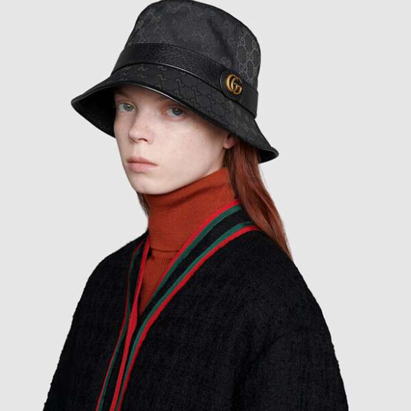 奢侈品 服饰 gucci gucci/古驰 男女士饰双g帆布渔夫帽黑色帽子 黑色
