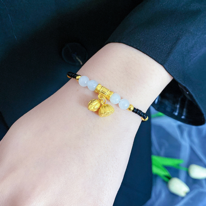 月下999金两世欢手链女黄金莲蓬2022新款编织金珠手串礼物送女朋友