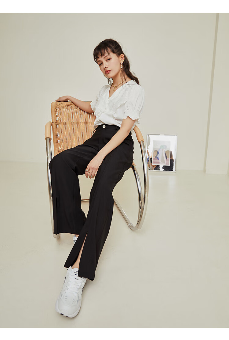自巧小个子阔腿裤女夏高腰垂感2021新款开叉拖地裤黑色西装裤子薄