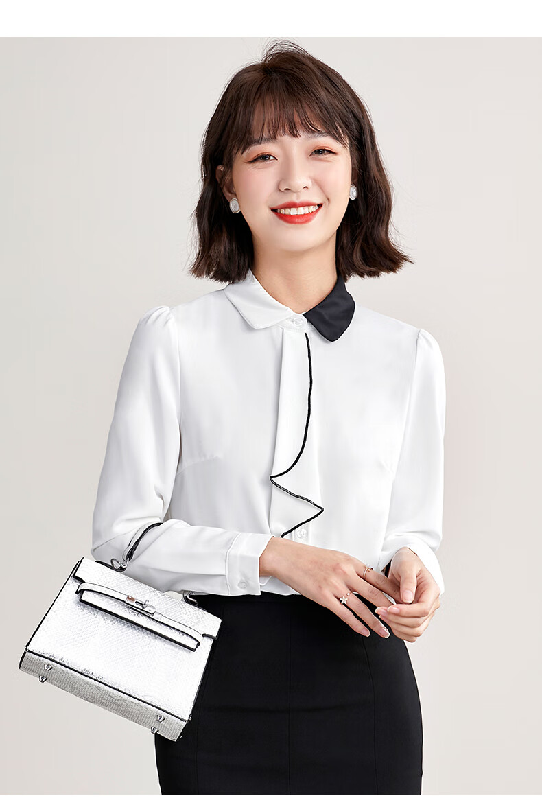 秦菲2021春季方领法式上衣长袖衬衫女修身时尚气质职业装女士拼接衬衣