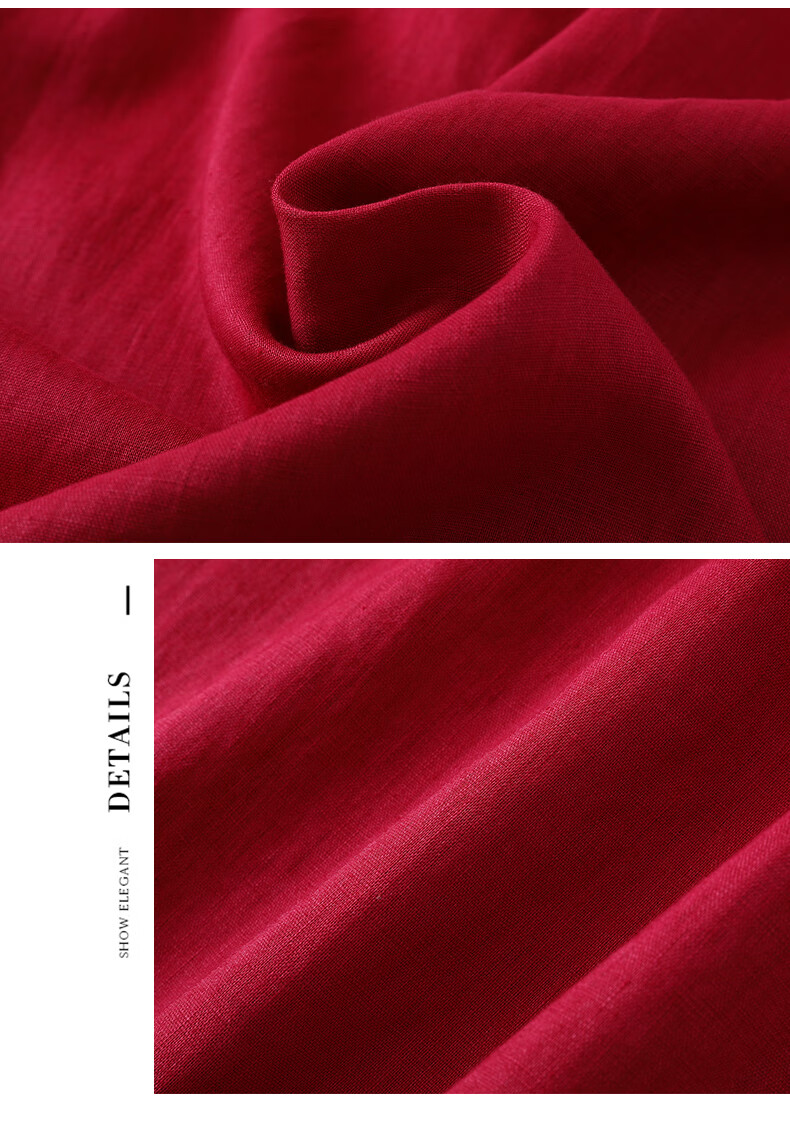 君吻高档轻奢红色亚麻连衣裙2021年春夏新款棉麻女复古民族风遮肉显瘦