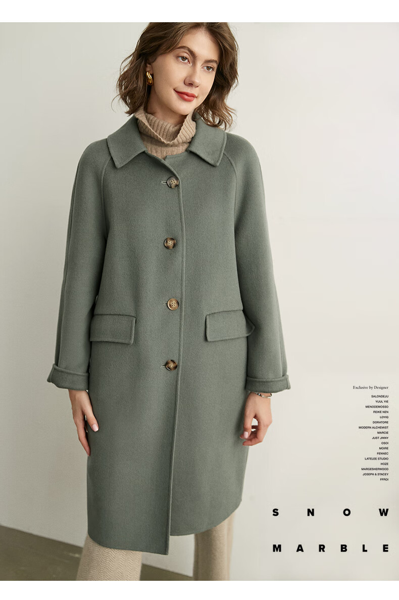 法曼萱灰绿色双面羊毛大衣女中长款2021年新款小个子兔绒毛呢外套灰绿