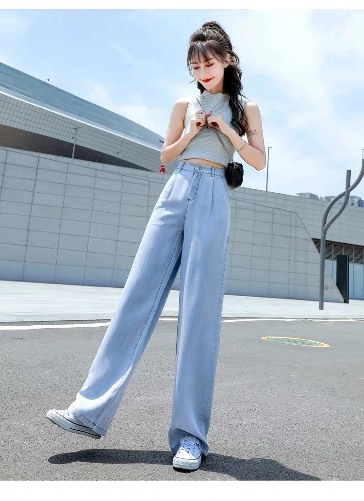 牛仔阔腿裤女2021新款夏季薄款宽松高腰直筒垂感拖地裤潮愉贵妃浅蓝色