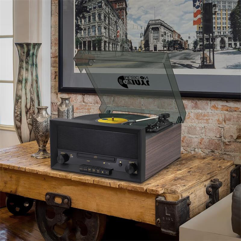 胶唱片机黑胶cd一体机家用多功能播放器蓝牙u盘收音机新款新品黑棕色