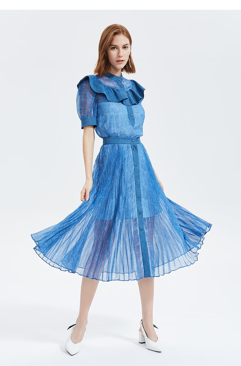 five plus新款女装高腰半身裙女单排扣百褶裙透视长裙 蓝色600 xs