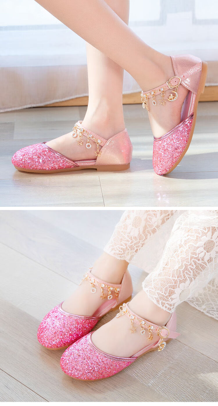 高品质】女童高跟鞋闪亮金色公主鞋新款儿童凉鞋子包头水晶鞋小女孩