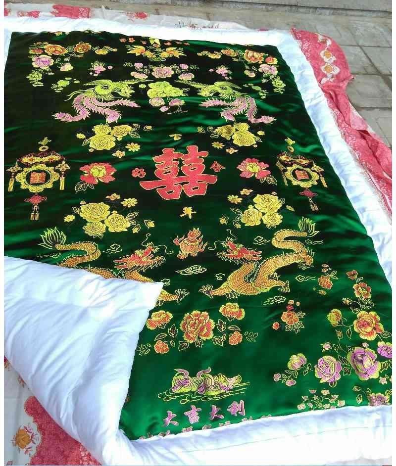 精选手工老式丝绸缎被子结婚嫁妆喜被大红龙凤锦缎冬季绸缎棉花被悠
