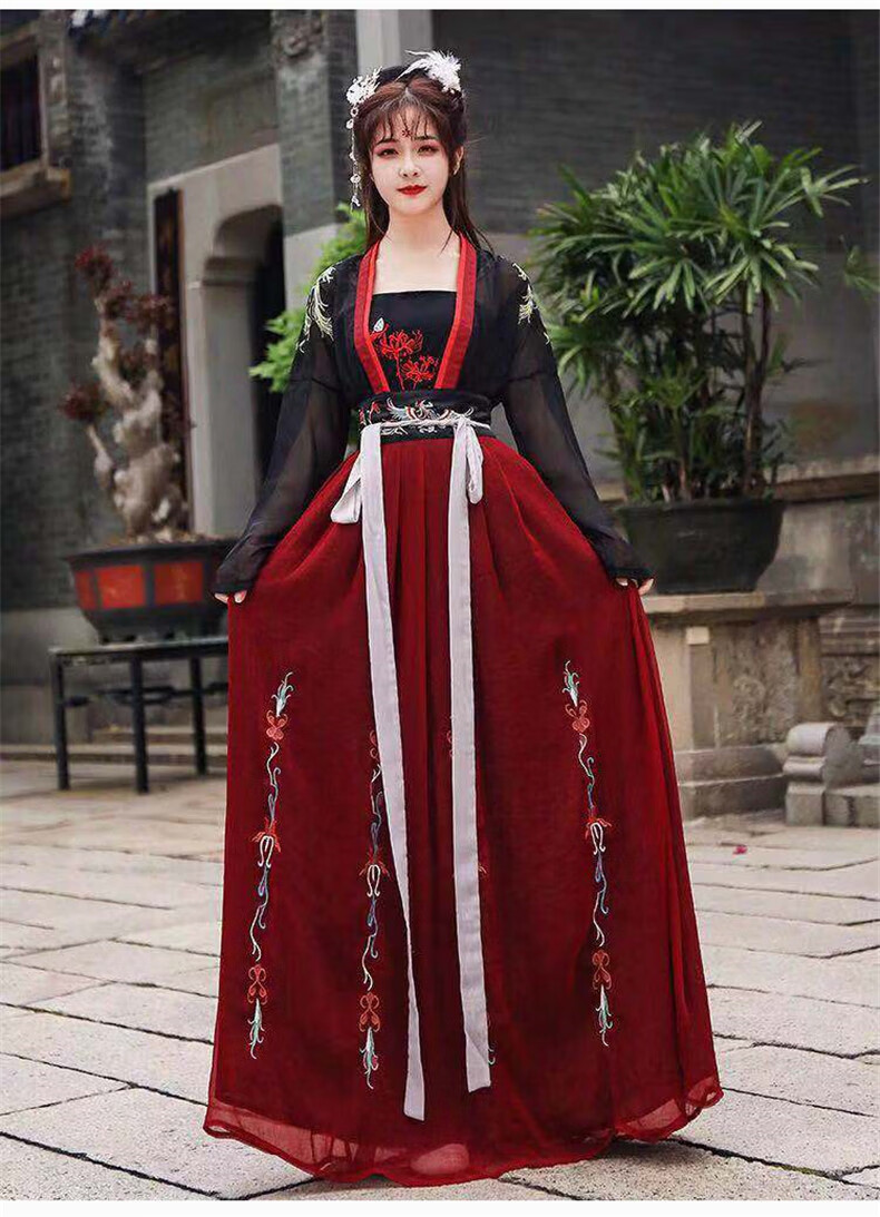 新时尚汉服女黑红系色成人学生齐腰襦裙古风年会表演服演出服古装送