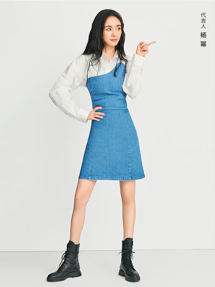 杨幂同款moco春季新品牛仔aalto联名连衣裙mbo1drs041摩安珂牛仔蓝色m