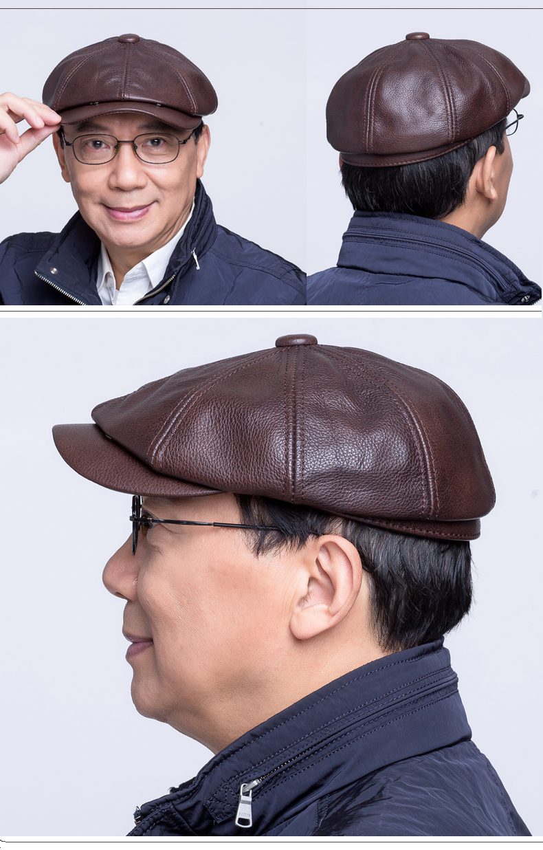 大老板皮帽帽子秋牛皮八角帽休闲鸭舌帽薄款中老年男帽老人帽冬男士冒