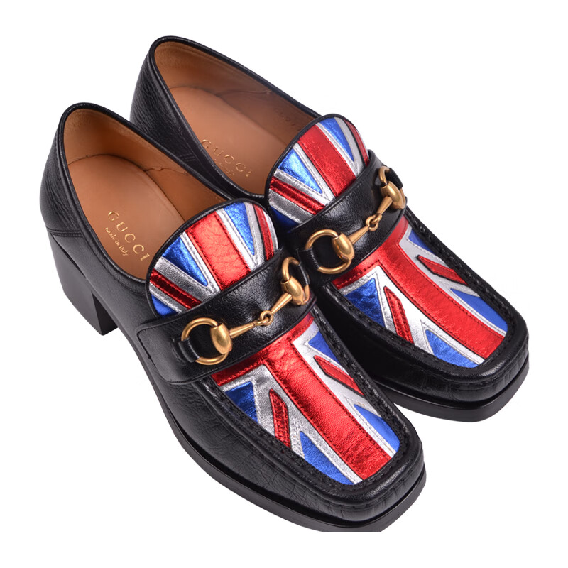 gucci/古驰 女士黑色牛皮图案 方头复古粗跟鞋 6cm 452773 d3vq0 1063