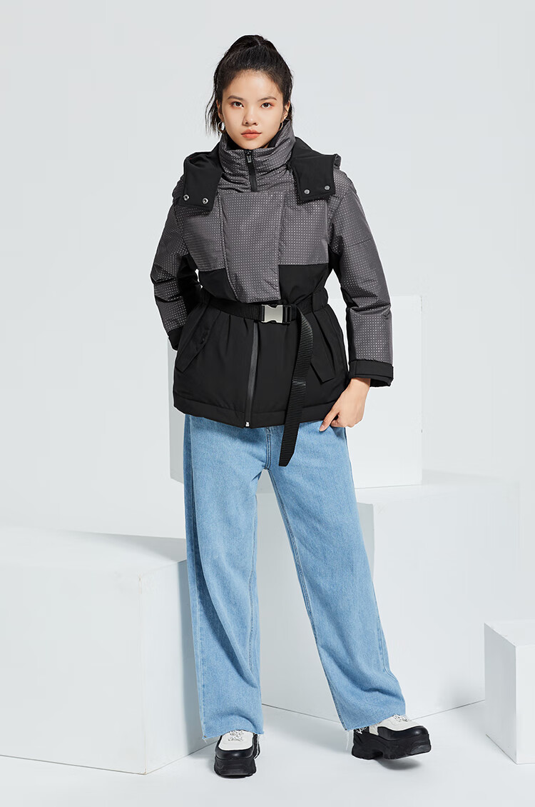 艾莱依2020秋冬新款时尚个性拼接收腰羽绒服女连帽保暖外套暖白色155