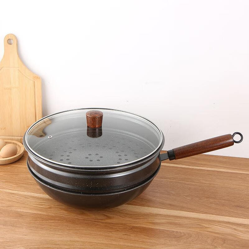 龙滋味炒锅厂家货源龙滋味麦饭石不粘炒锅手工锻打纯铁锅麦饭石三件套