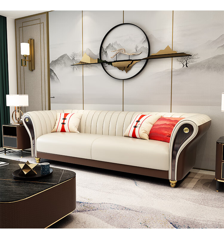 新中式轻奢真皮沙发组合现代中式三人办公室沙发客厅头层牛皮家具