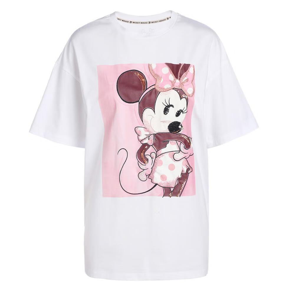 five plus2021新款5 女装迪士尼联名米妮短袖t恤女中长款宽松纯棉上衣