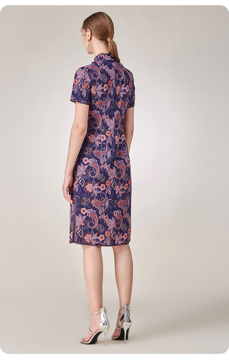 moreline沐兰新品夏装新款气质旗袍领修身连衣裙紫橙花色38