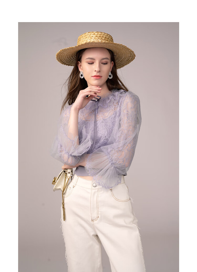 卓雅周末22春季新款荷叶边网纱喇叭袖针织收腰蕾丝衫ejwbaq08烟灰紫s