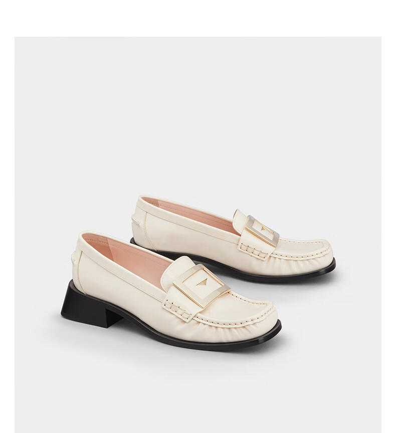 roger vivier/rv女鞋preppy金属方扣漆皮乐福鞋粗跟方头时尚单鞋 黑色