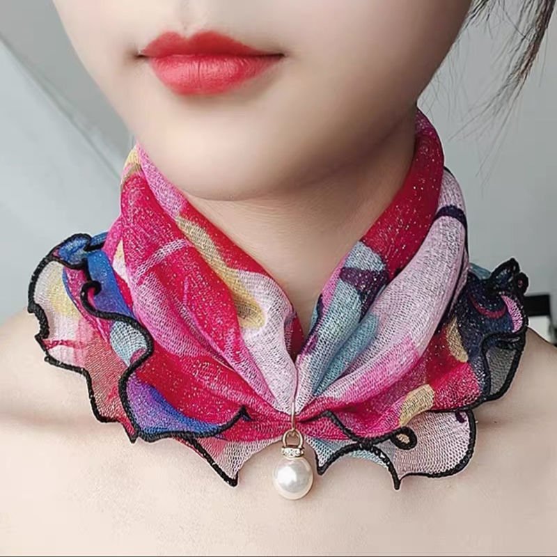 阖萱夏季丝巾脖套女新款珍珠围脖脖套女护脖子套头护颈椎韩版防晒百变